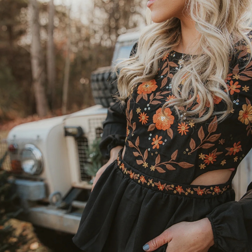 Floral Embroidered Black Dress